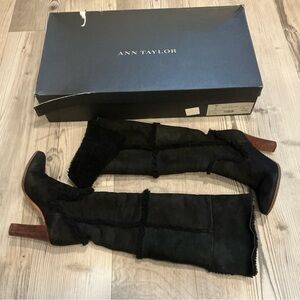 Ann Taylor tall over the knee shearling high heel boots black suede size 8.5
